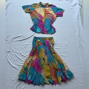 Vintage 70s 80s tye dye‎ midi skirt set hippy collard t shirt 14/16